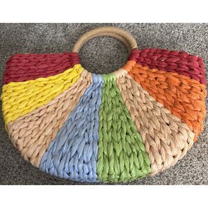 Vibrant Colorful Retro Semi-Circle Rattan Straw Bag 16"W x 13" H x 8" D